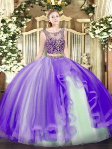  Lavender Scoop Neckline Beading and Ruffles Quince Ball Gowns Sleeveless Lace Up