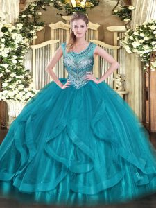  Teal Lace Up Scoop Beading and Ruffles Sweet 16 Dresses Tulle Sleeveless