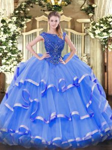 Affordable Blue Sleeveless Organza Zipper Quince Ball Gowns for Sweet 16 and Quinceanera