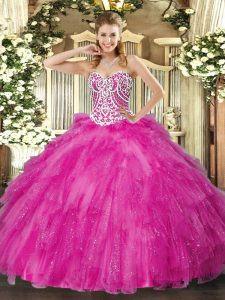 Luxury Fuchsia Ball Gown Prom Dress Military Ball and Sweet 16 and Quinceanera with Beading and Ruffles Sweetheart Sleeveless Lace Up