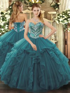 Captivating Sleeveless Tulle Floor Length Lace Up Quinceanera Gown in Turquoise with Beading and Ruffles