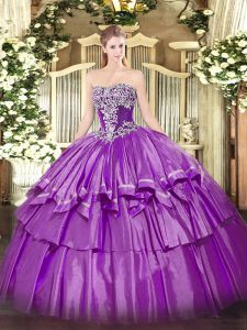  Purple Ball Gowns Strapless Sleeveless Organza and Taffeta Floor Length Lace Up Beading and Ruffled Layers Quinceanera Gowns