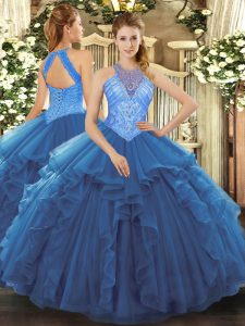Comfortable Blue High-neck Lace Up Beading and Ruffles Quinceanera Gowns Sleeveless