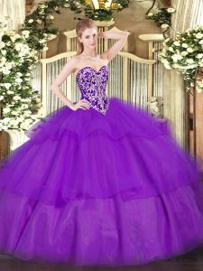 On Sale Purple Tulle Lace Up Sweetheart Sleeveless Floor Length Quince Ball Gowns Beading and Ruffled Layers