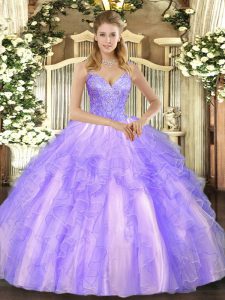 Edgy Lavender 15 Quinceanera Dress Military Ball and Sweet 16 and Quinceanera with Beading and Ruffles V-neck Sleeveless Lace Up