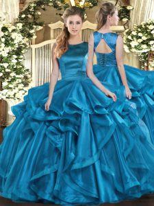 New Style Teal Sleeveless Floor Length Ruffles Lace Up 15th Birthday Dress