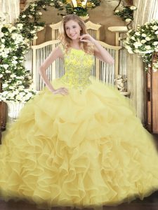  Yellow 15 Quinceanera Dress Military Ball and Sweet 16 and Quinceanera with Beading and Ruffles Scoop Sleeveless Zipper