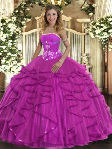 Free and Easy Fuchsia Sleeveless Floor Length Beading and Ruffles Lace Up Quince Ball Gowns