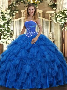 Fashionable Organza Strapless Sleeveless Lace Up Beading and Ruffles Sweet 16 Dress in Royal Blue