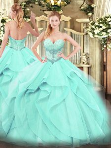 Elegant Floor Length Ball Gowns Sleeveless Aqua Blue Quinceanera Gown Lace Up