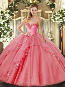 Fancy Beading and Ruffled Layers Vestidos de Quinceanera Watermelon Red Lace Up Sleeveless Floor Length
