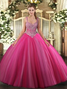 Cheap Hot Pink Ball Gowns Tulle V-neck Sleeveless Beading Floor Length Lace Up Sweet 16 Quinceanera Dress