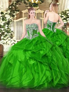 Spectacular Ball Gowns Organza Strapless Sleeveless Beading and Ruffles Floor Length Lace Up 15th Birthday Dress