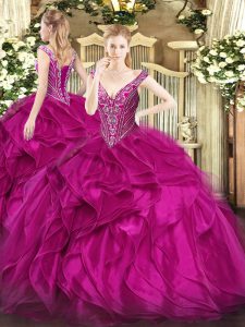 Stunning Fuchsia Sleeveless Beading and Ruffles Floor Length Sweet 16 Quinceanera Dress