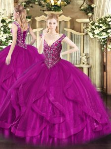 Trendy Floor Length Ball Gowns Sleeveless Fuchsia Vestidos de Quinceanera Lace Up