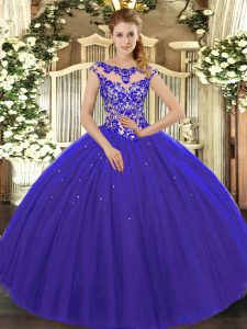  Tulle Scoop Cap Sleeves Lace Up Beading and Appliques Quinceanera Dresses in Royal Blue