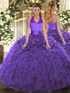  Halter Top Sleeveless Organza Quinceanera Gowns Ruffles Lace Up