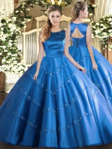 Graceful Floor Length Baby Blue Quinceanera Gowns Tulle Sleeveless Appliques