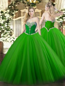 Cute Floor Length Green Sweet 16 Quinceanera Dress Tulle Sleeveless Beading