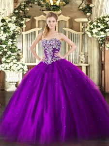 Best Selling Purple Ball Gowns Beading Sweet 16 Dresses Lace Up Tulle Sleeveless Floor Length