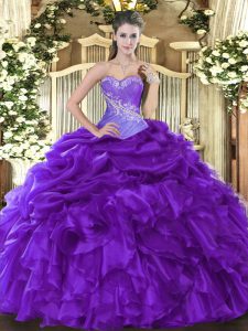Glorious Purple Organza Lace Up Sweetheart Sleeveless Floor Length Quinceanera Gowns Beading and Ruffles and Pick Ups