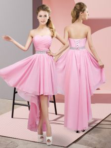  Pink Sleeveless Beading High Low Prom Gown