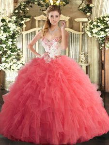  Watermelon Red Ball Gowns Beading and Ruffles Ball Gown Prom Dress Lace Up Tulle Sleeveless Floor Length