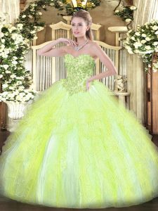  Yellow Green Ball Gowns Sweetheart Sleeveless Tulle Floor Length Lace Up Appliques and Ruffles Sweet 16 Dresses