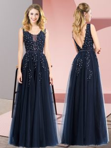  Beading and Appliques Prom Dress Navy Blue Backless Sleeveless Floor Length