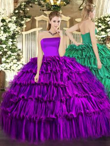  Floor Length Purple Ball Gown Prom Dress Strapless Sleeveless Zipper