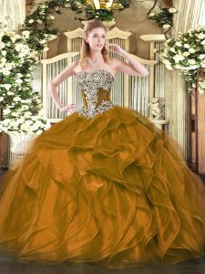 Fancy Brown Lace Up Quinceanera Gowns Beading and Ruffles Sleeveless Floor Length