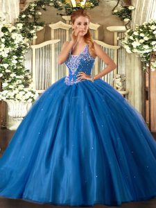  Blue Sleeveless Beading Floor Length Sweet 16 Dresses