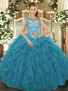  Ball Gowns Quince Ball Gowns Teal Scoop Organza Cap Sleeves Floor Length Lace Up