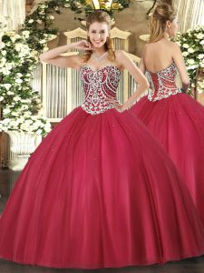 Most Popular Red Sleeveless Floor Length Beading Lace Up Quinceanera Gown