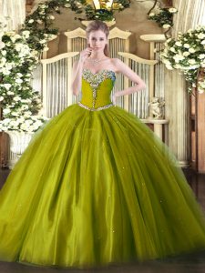  Olive Green Ball Gowns Beading 15th Birthday Dress Lace Up Tulle Sleeveless Floor Length