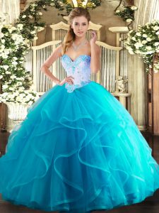  Floor Length Aqua Blue Quinceanera Gowns Tulle Sleeveless Beading and Ruffles