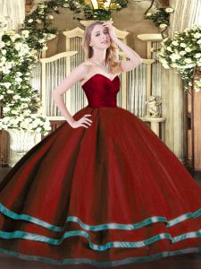 Dazzling Wine Red Ball Gowns Ruffled Layers Quince Ball Gowns Zipper Tulle Sleeveless Floor Length