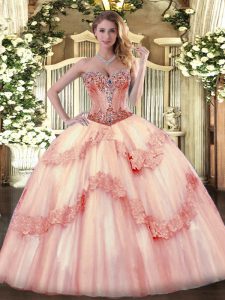 Superior Sweetheart Sleeveless Tulle Quinceanera Gowns Beading and Appliques Lace Up