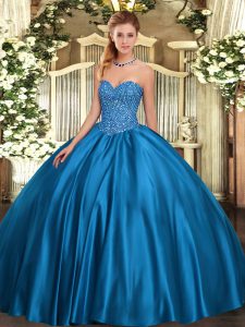  Sleeveless Satin Floor Length Lace Up Sweet 16 Dress in Blue with Beading