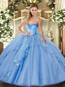  Sleeveless Floor Length Beading and Ruffles Lace Up 15th Birthday Dress with Blue