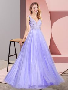  Lavender Sleeveless Lace Floor Length Prom Party Dress