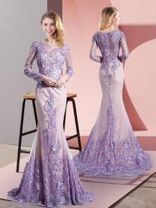 Fantastic Lavender Tulle Zipper Scoop Long Sleeves Prom Dress Sweep Train Beading and Appliques
