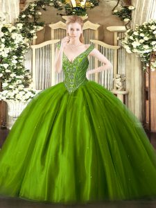 Most Popular Ball Gowns Quince Ball Gowns Green V-neck Tulle Sleeveless Floor Length Lace Up