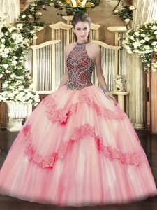  Pink Sleeveless Floor Length Beading and Appliques Lace Up Quince Ball Gowns