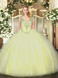  Yellow Green V-neck Lace Up Beading and Ruffles Quinceanera Gown Sleeveless