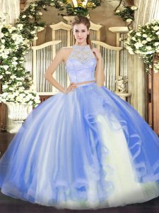  Sleeveless Tulle Floor Length Zipper 15 Quinceanera Dress in Baby Blue with Lace and Ruffles