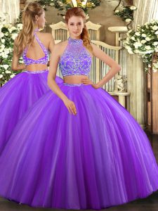 Classical Lavender Sleeveless Tulle Criss Cross Ball Gown Prom Dress for Military Ball and Sweet 16 and Quinceanera