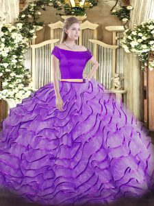 Unique Zipper Sweet 16 Dress Lavender for Military Ball and Sweet 16 and Quinceanera with Appliques and Ruffles Brush Train