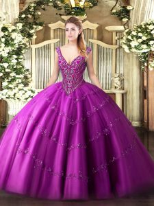  Fuchsia Lace Up V-neck Beading and Appliques Quinceanera Gown Tulle Sleeveless