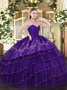 Fashion Purple Zipper Ball Gown Prom Dress Embroidery and Ruffled Layers Sleeveless Floor Length